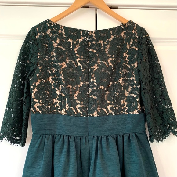 Eliza J Sz 10 Lace Fit & Flare Dress Dark Green V Neck 3/4 Sleeve Cocktail - Picture 4 of 8